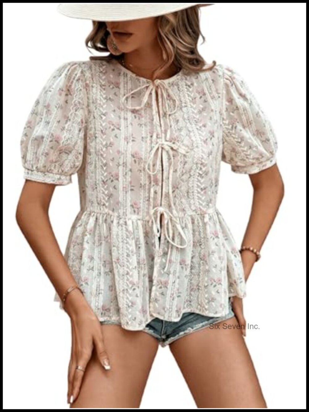 Women's Floral Tie Front Peplum Blouse Puff Sleeve Ruffle Hem Shirt